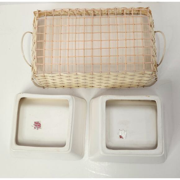 Vintage Lipper & Mann Japan Dual Serving Dishes w/ Wicker Caddy Retro Fruit - Picture 6 of 7